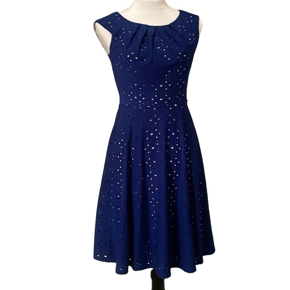 Dress Barn Royal Blue Eyelet Dress with Nude Slip Size 4 Petite